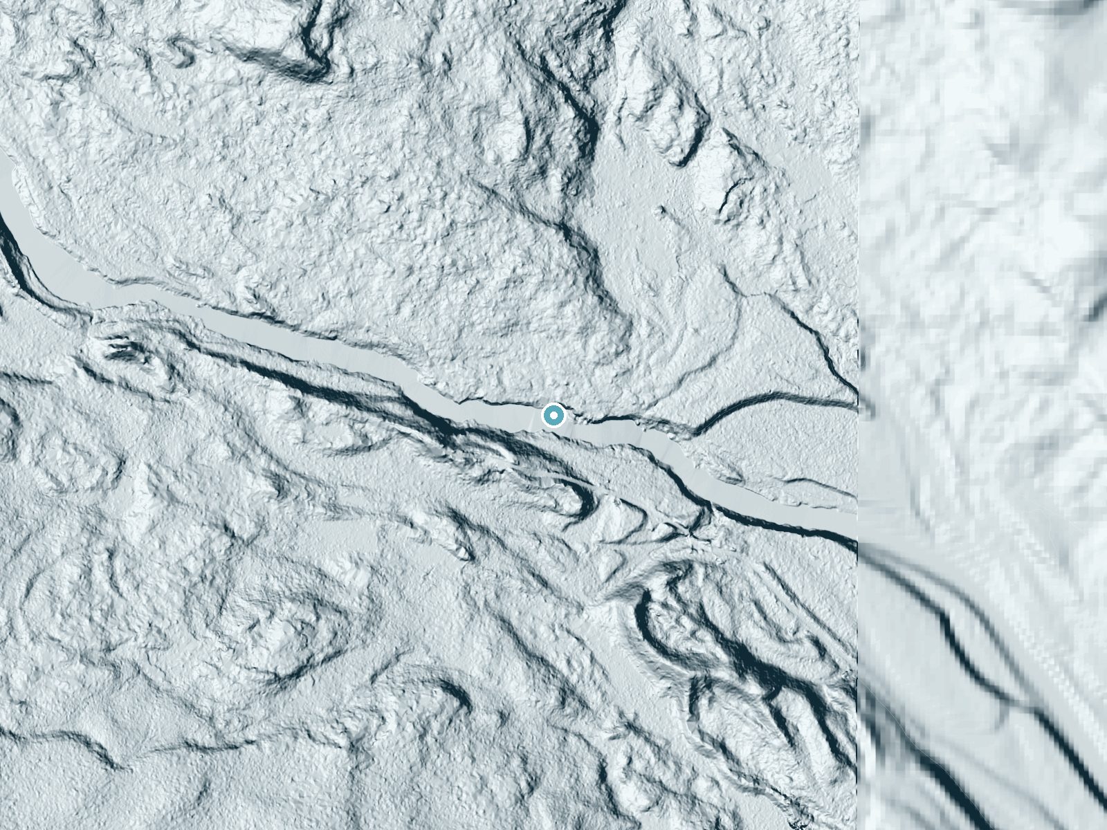 LiDAR bare-earth terrain around Orin Falls near Patten, Maine, showing about 46 feet of drop, a long cascade, facing southeast