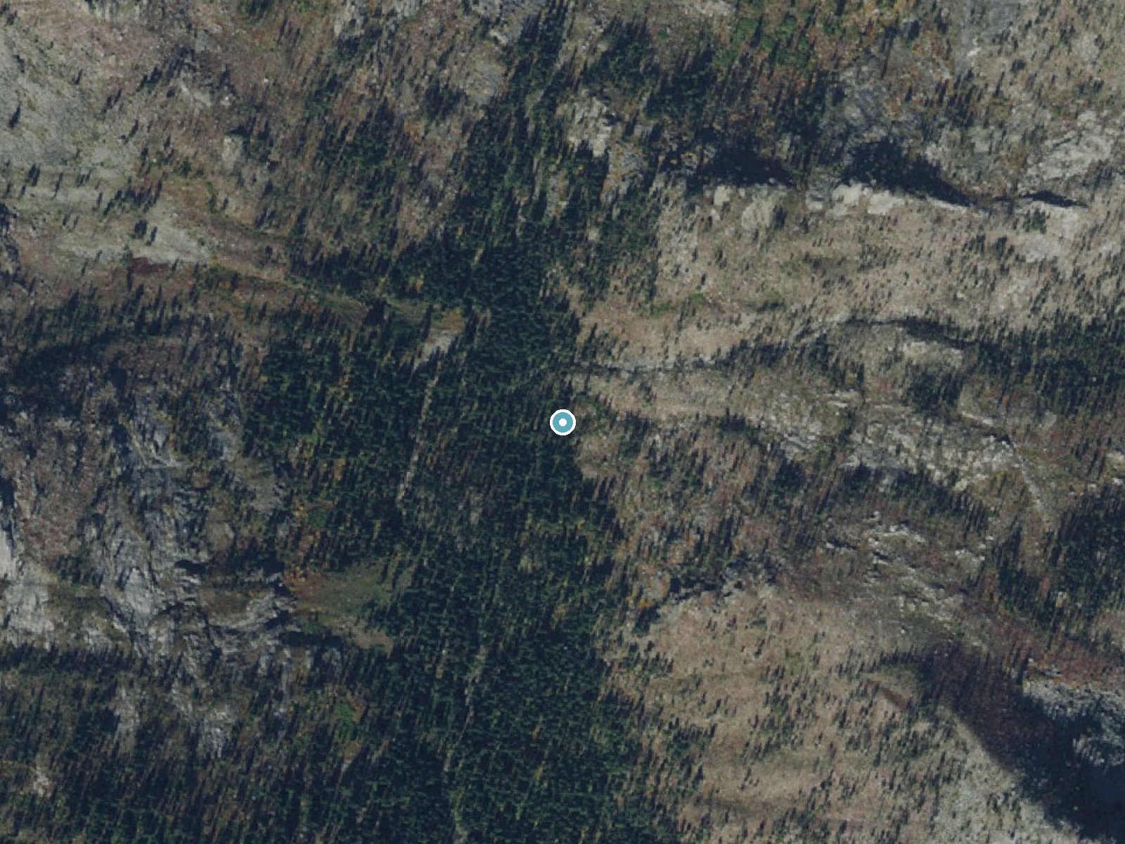 Aerial photo of the same ground around Patsy Ann Falls near Darby, Idaho, for comparison with the lidar view
