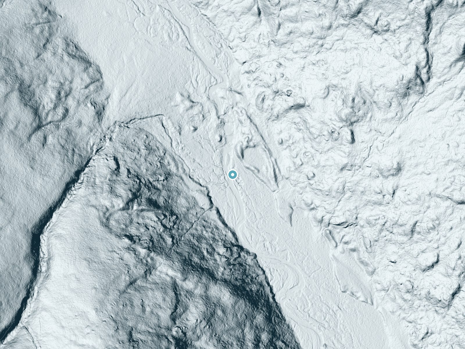 LiDAR bare-earth terrain around Ledge Falls near Patten, Maine, showing about 30 feet of drop, a long cascade, facing southwest