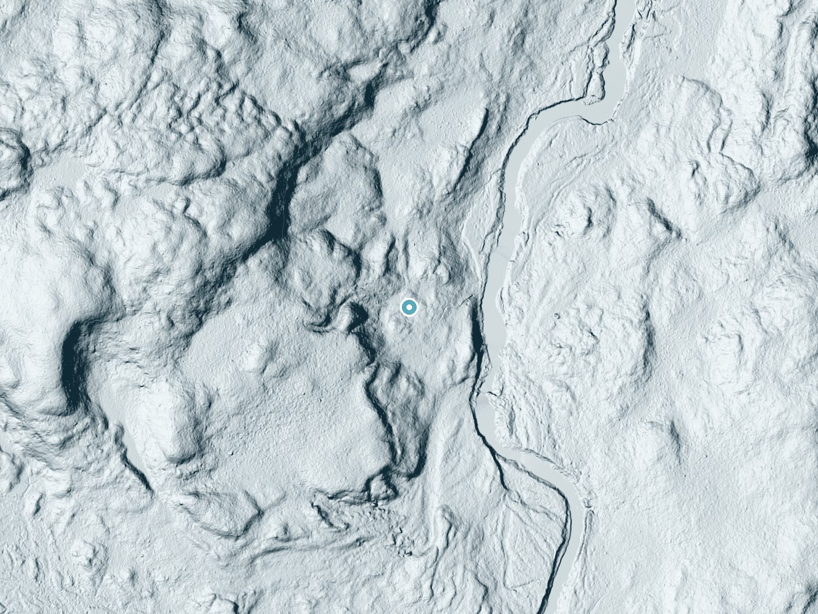 LiDAR bare-earth terrain around Ledge Falls near Patten, Maine, showing about 35 feet of drop, a long cascade, facing east