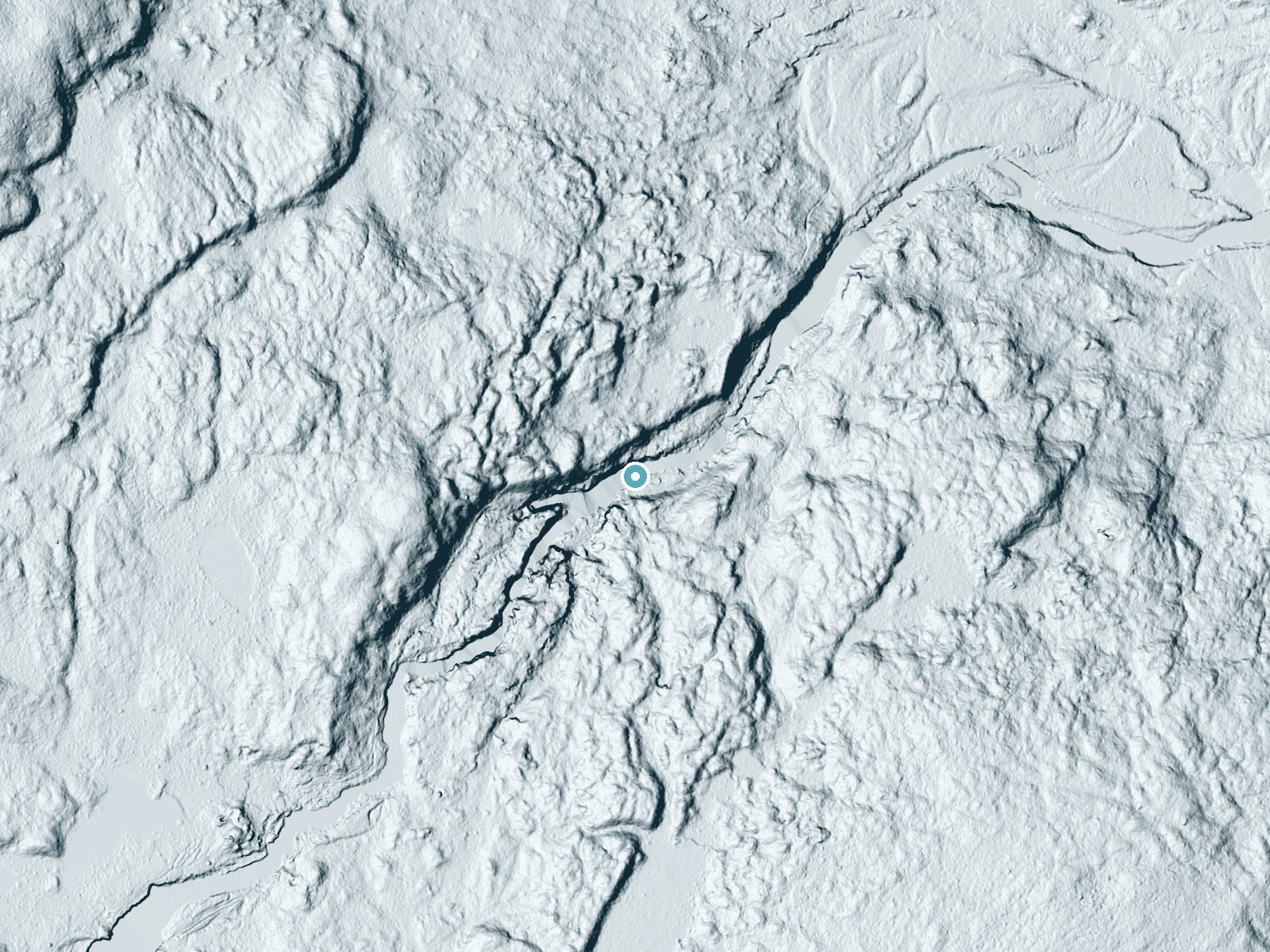 LiDAR bare-earth terrain around Grand Falls near Patten, Maine, showing about 66 feet of drop, a long cascade, facing east
