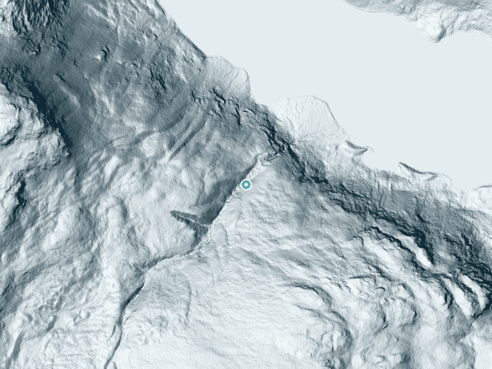 LiDAR bare-earth terrain around Green Falls near Patten, Maine, showing about 147 feet of drop, a long cascade, facing northeast