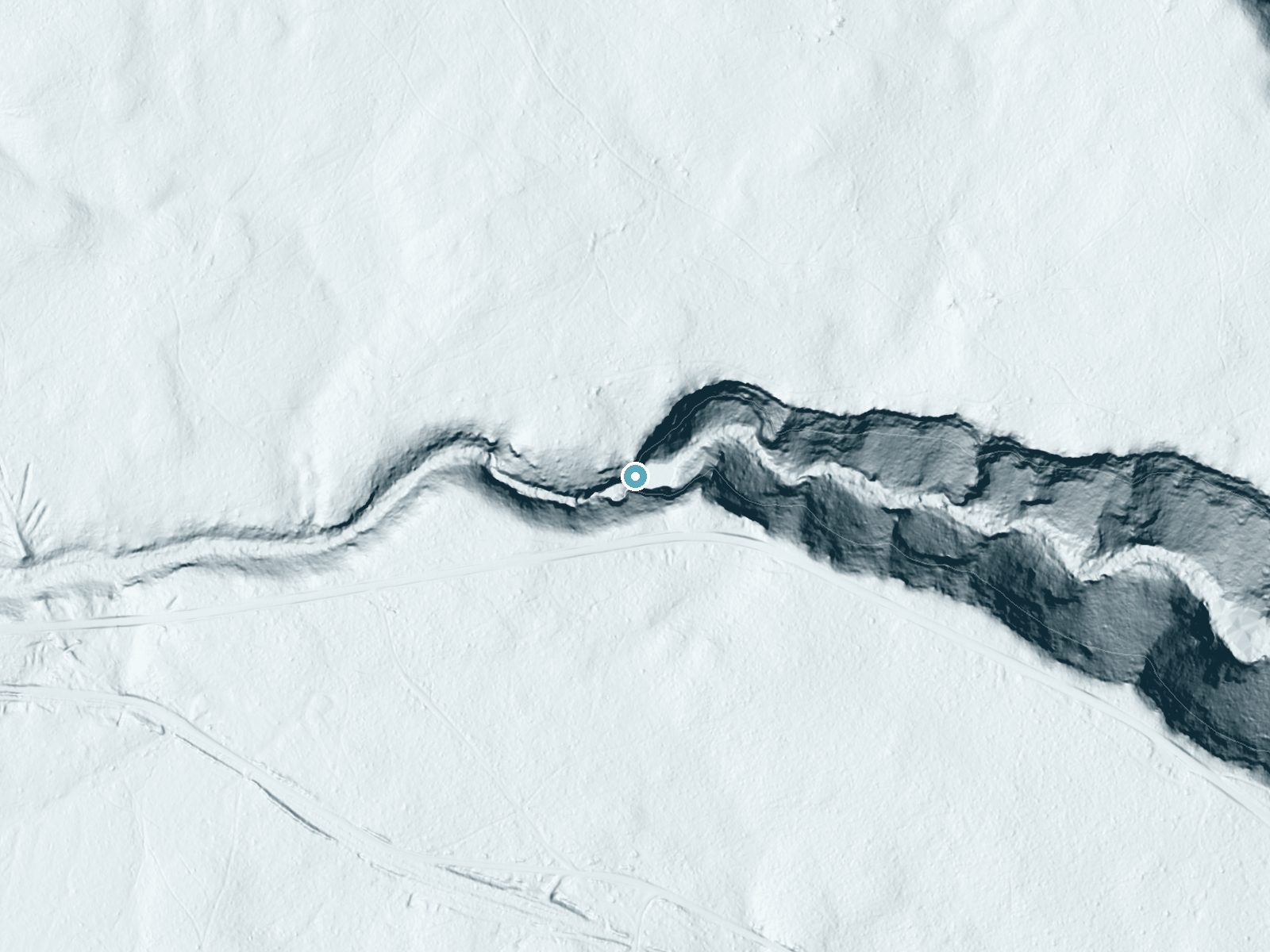 LiDAR bare-earth terrain around Outlet Falls near Glenwood, Washington, showing about 213 feet of drop, a single sheer drop, facing east