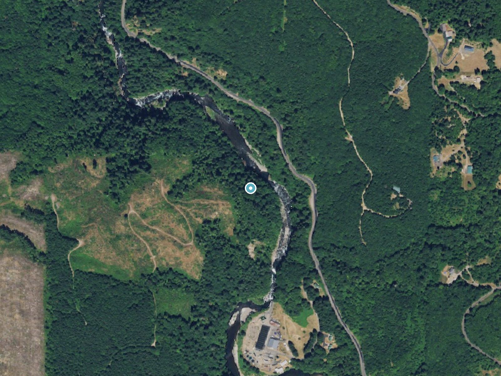Aerial photo of the same ground around Lower Kalama River Falls near Kalama, Washington, for comparison with the lidar view