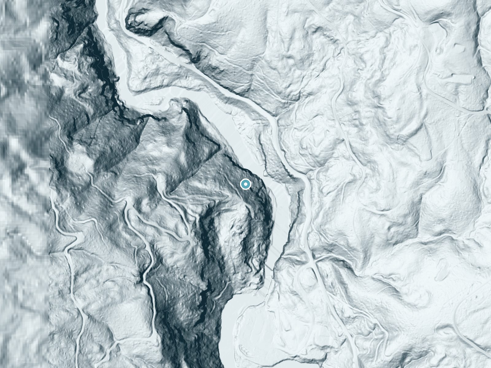 LiDAR bare-earth terrain around Lower Kalama River Falls near Kalama, Washington, showing about 257 feet of drop, a steep tiered drop, facing northeast