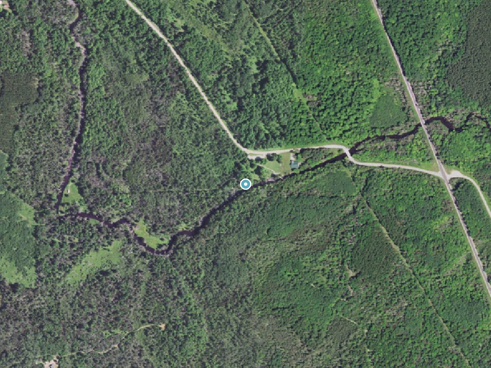 Aerial photo of the same ground around Rapid River Falls near Rapid River, Michigan, for comparison with the lidar view