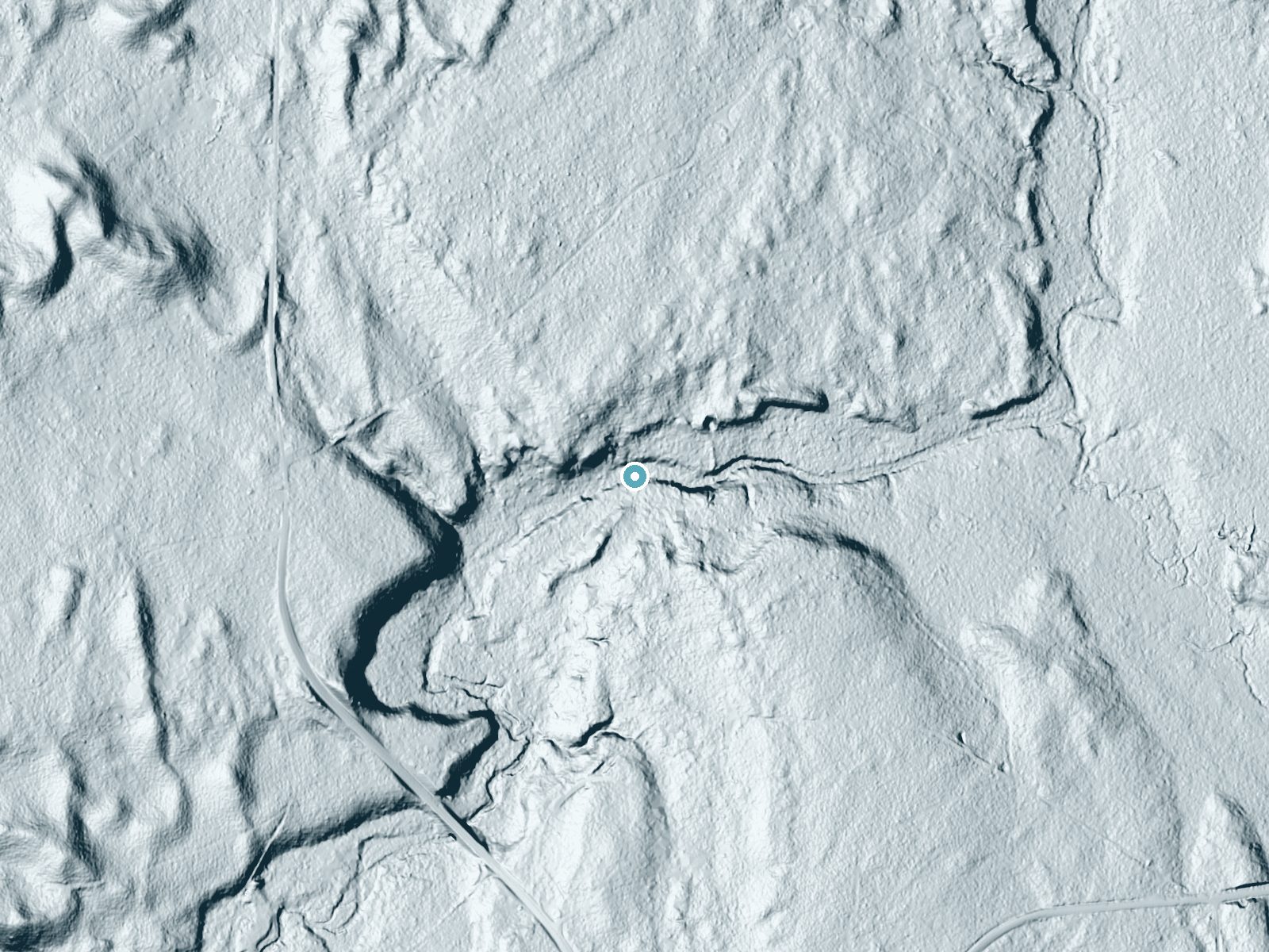 LiDAR bare-earth terrain around Haymeadows Falls near Rapid River, Michigan, showing about 41 feet of drop, a long cascade, facing southwest