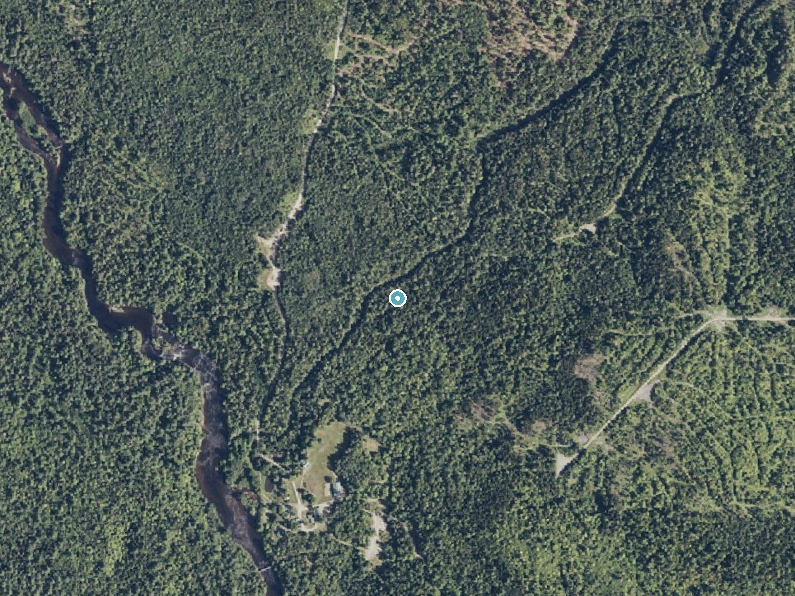 Aerial photo of the same ground around Bowlin Falls near Patten, Maine, for comparison with the lidar view