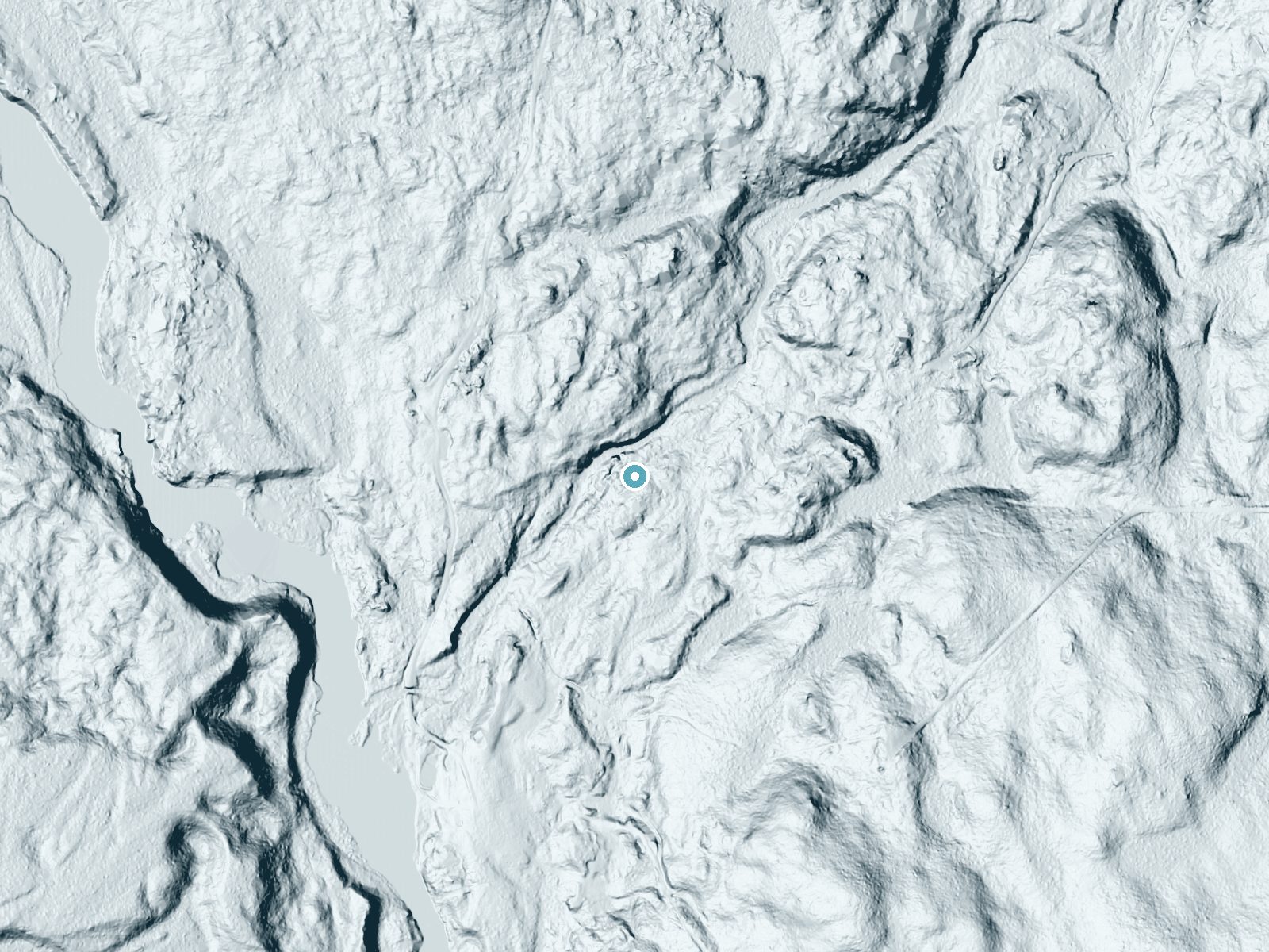 LiDAR bare-earth terrain around Bowlin Falls near Patten, Maine, showing about 45 feet of drop, a long cascade, facing west