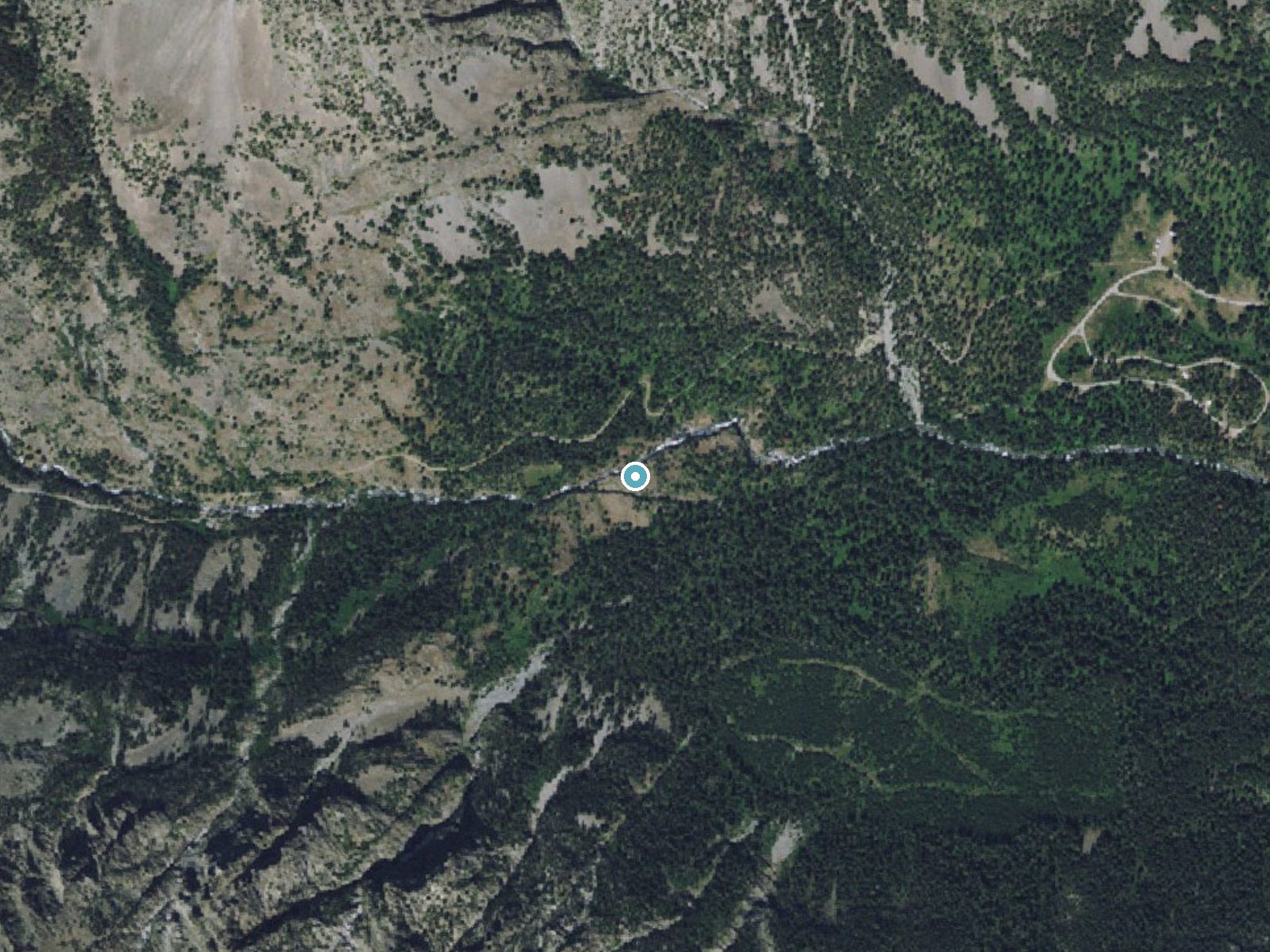 Aerial photo of the same ground around Upper Big Timber Falls near Springdale, Montana, for comparison with the lidar view