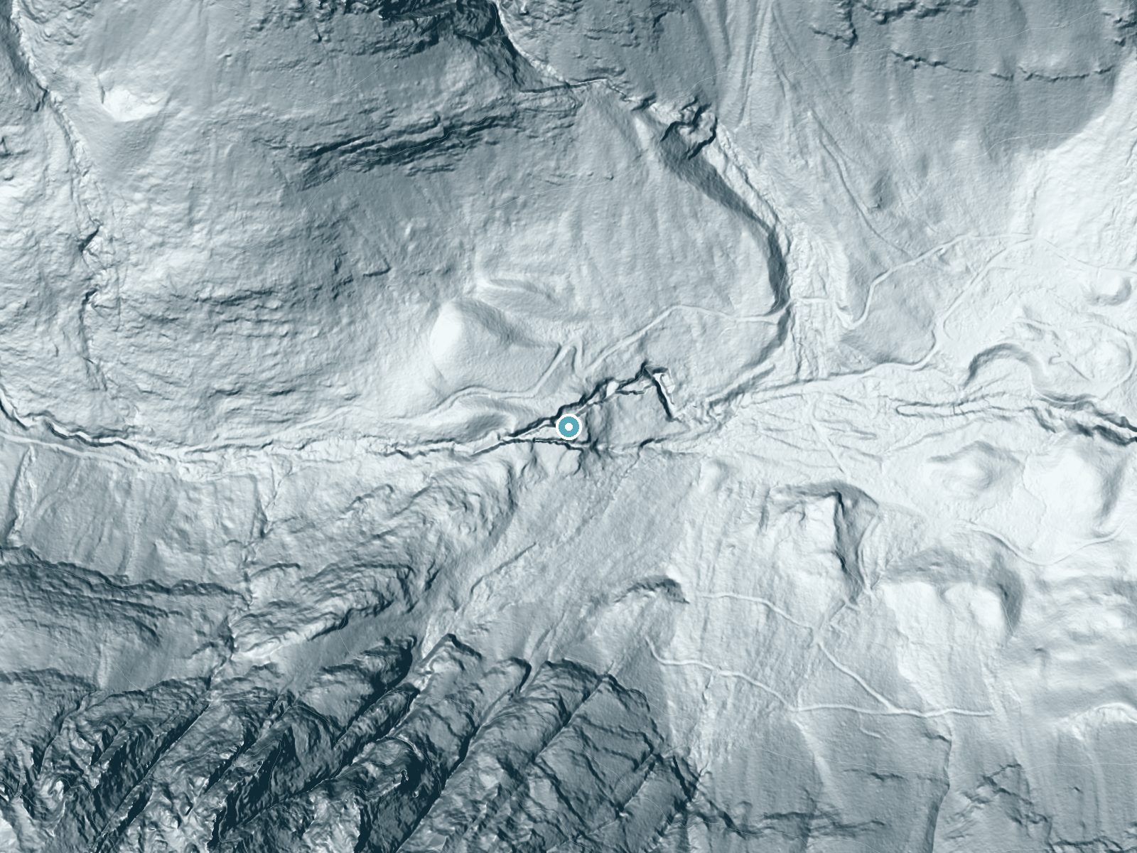 LiDAR bare-earth terrain around Upper Big Timber Falls near Springdale, Montana, showing about 167 feet of drop, a steep tiered drop, facing east