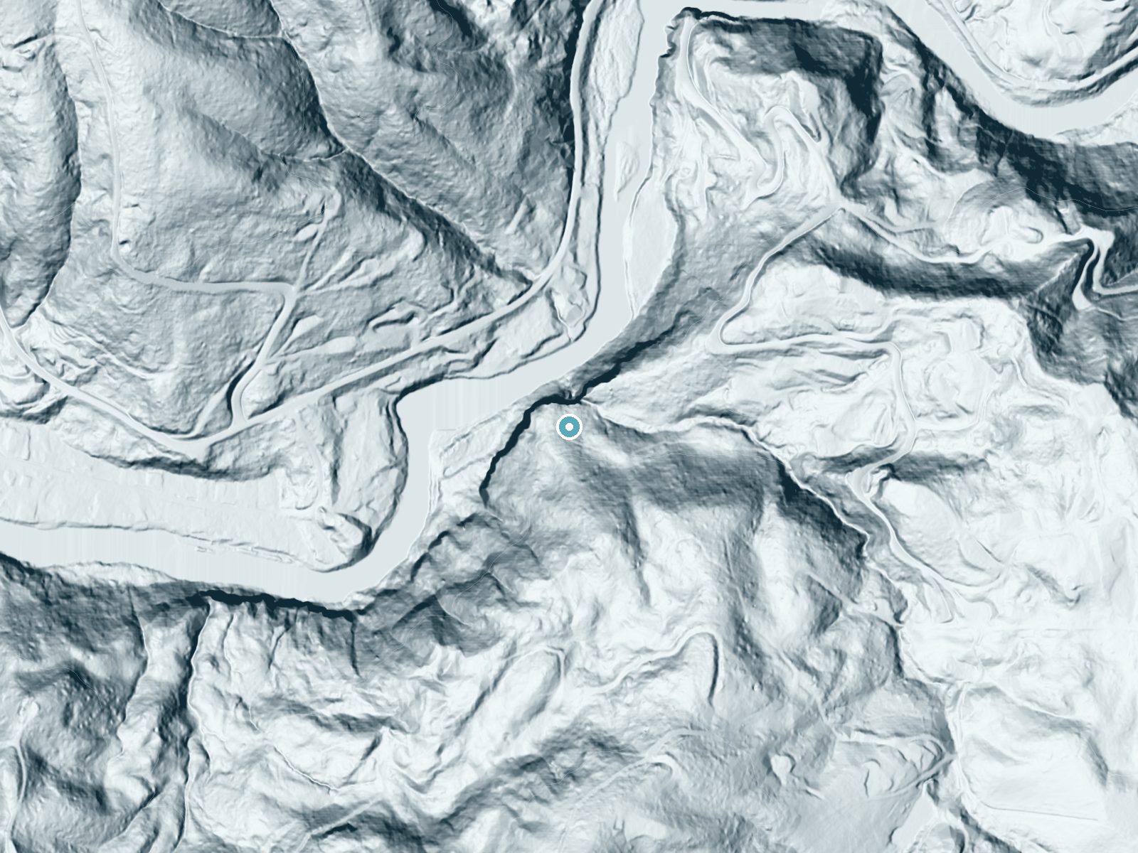 LiDAR bare-earth terrain around Marietta Falls near Kalama, Washington, showing about 322 feet of drop, a single sheer drop, facing northwest