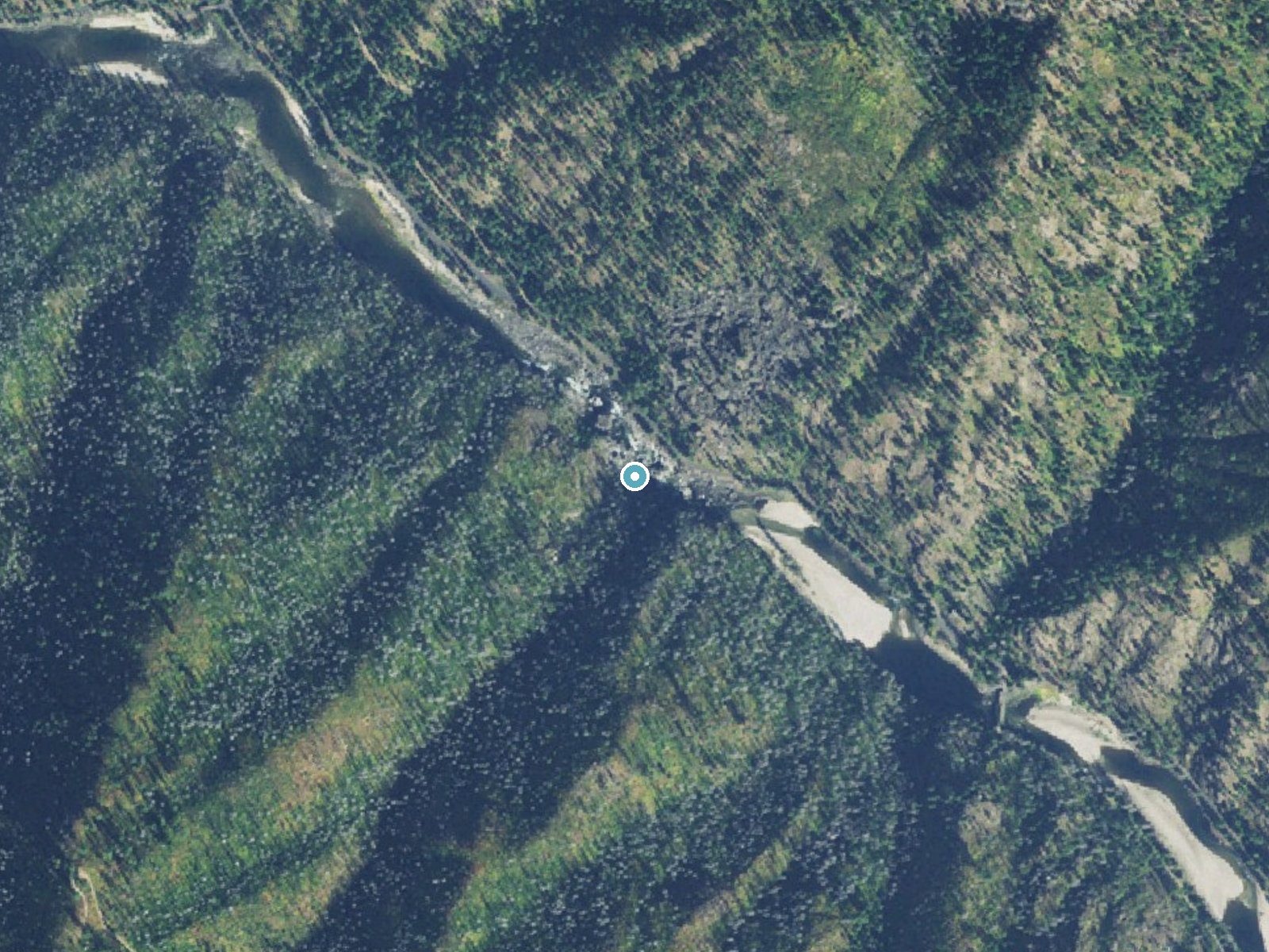 Aerial photo of the same ground around Selway Falls near Elk City, Idaho, for comparison with the lidar view