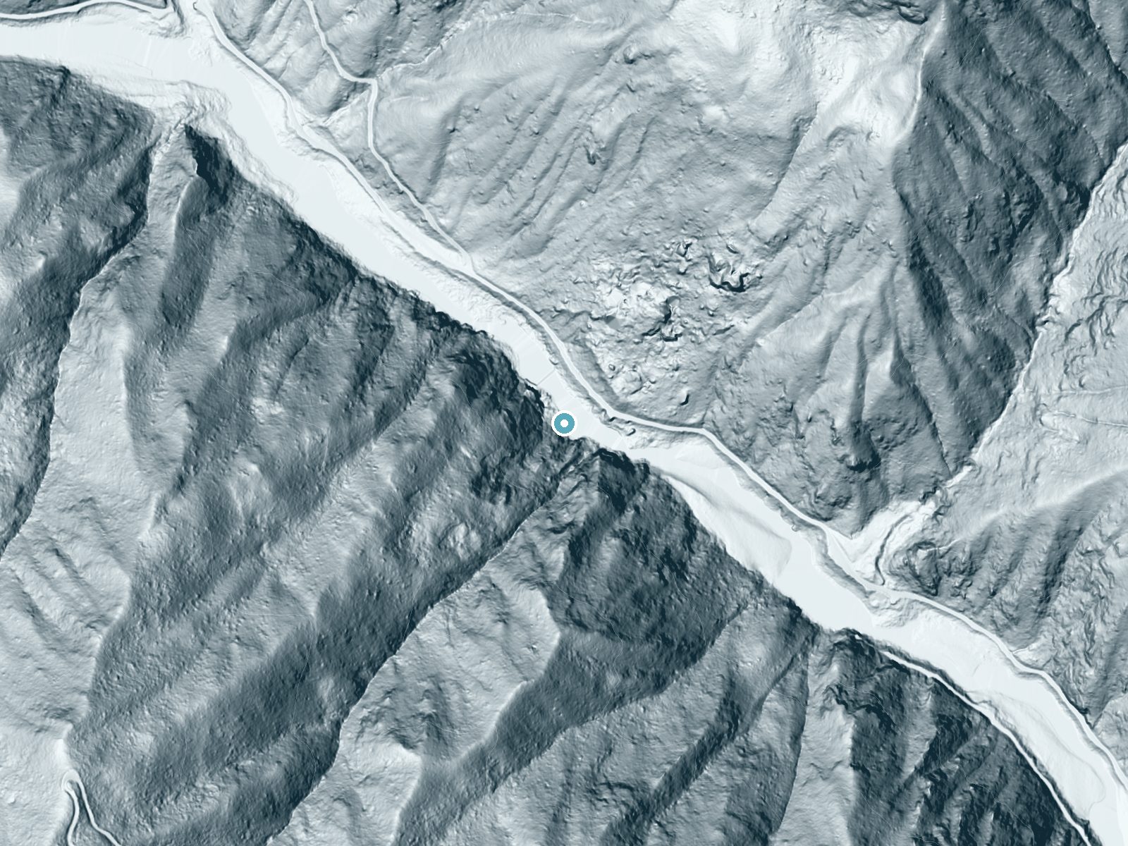 LiDAR bare-earth terrain around Selway Falls near Elk City, Idaho, showing about 209 feet of drop, a steep tiered drop, facing northeast