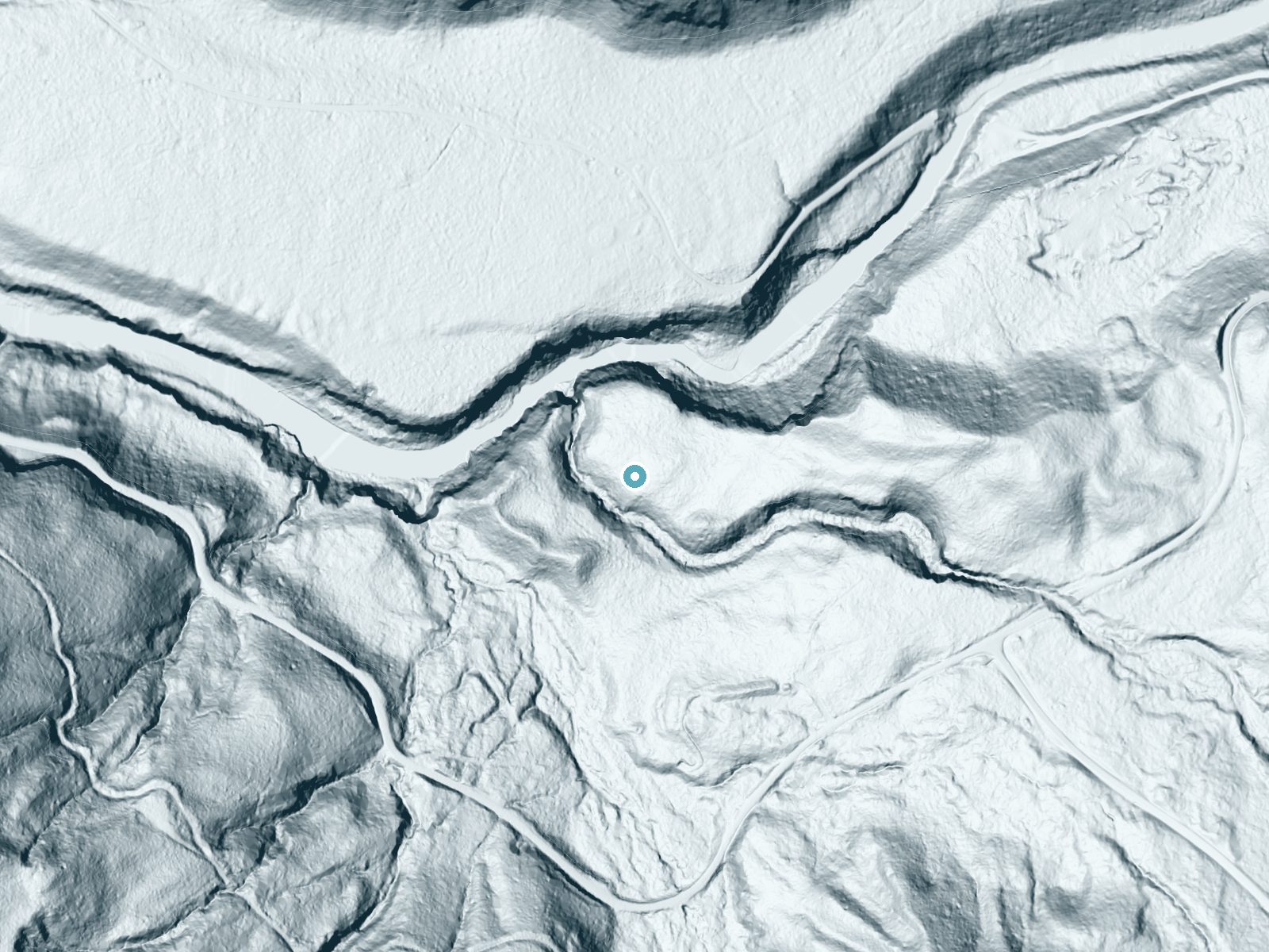 LiDAR bare-earth terrain around Curly Creek Falls near Cougar, Washington, showing about 86 feet of drop, a steep tiered drop, facing west