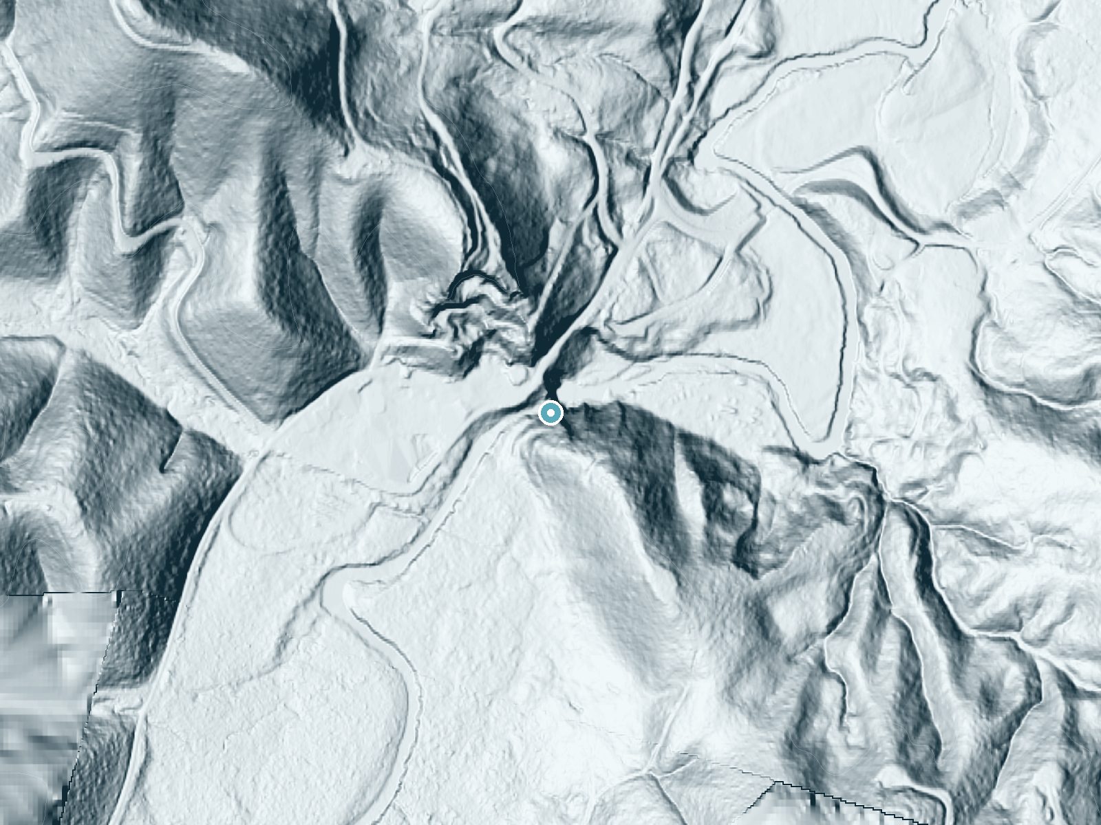 LiDAR bare-earth terrain around Youngs River Falls near River Point, Oregon, showing about 216 feet of drop, a steep tiered drop, facing north