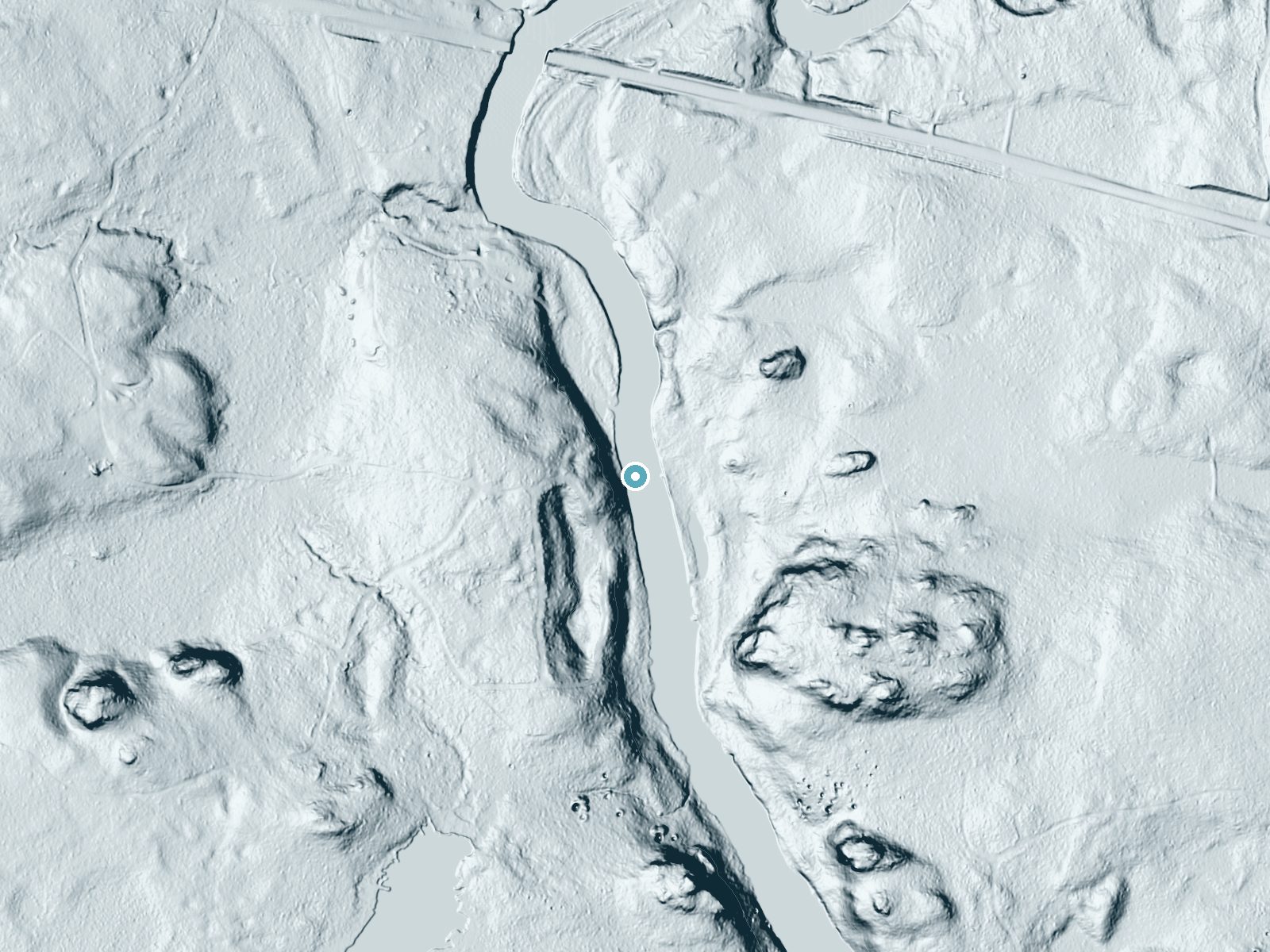 LiDAR bare-earth terrain around Glidden Rapids near Crystal Falls, Michigan, showing about 53 feet of drop, a long cascade, facing east