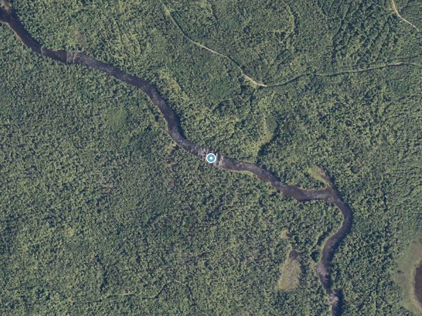 Aerial photo of the same ground around Stair Falls near Patten, Maine, for comparison with the lidar view