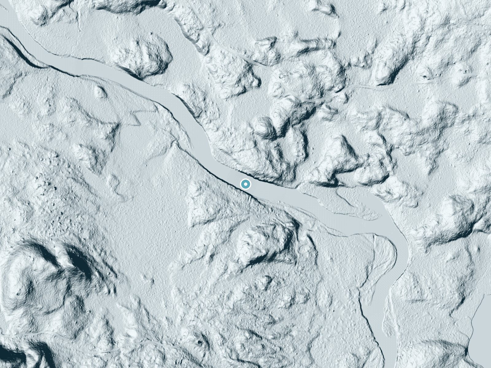 LiDAR bare-earth terrain around Stair Falls near Patten, Maine, showing about 44 feet of drop, a long cascade, facing south