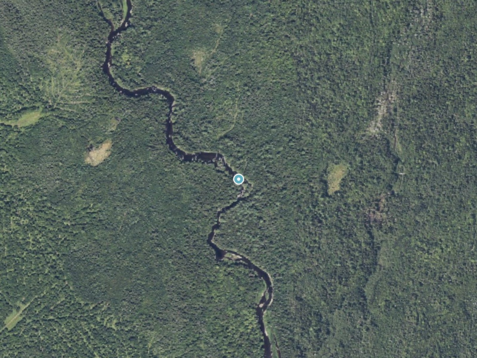Aerial photo of the same ground around Warren Falls near Island Falls, Maine, for comparison with the lidar view
