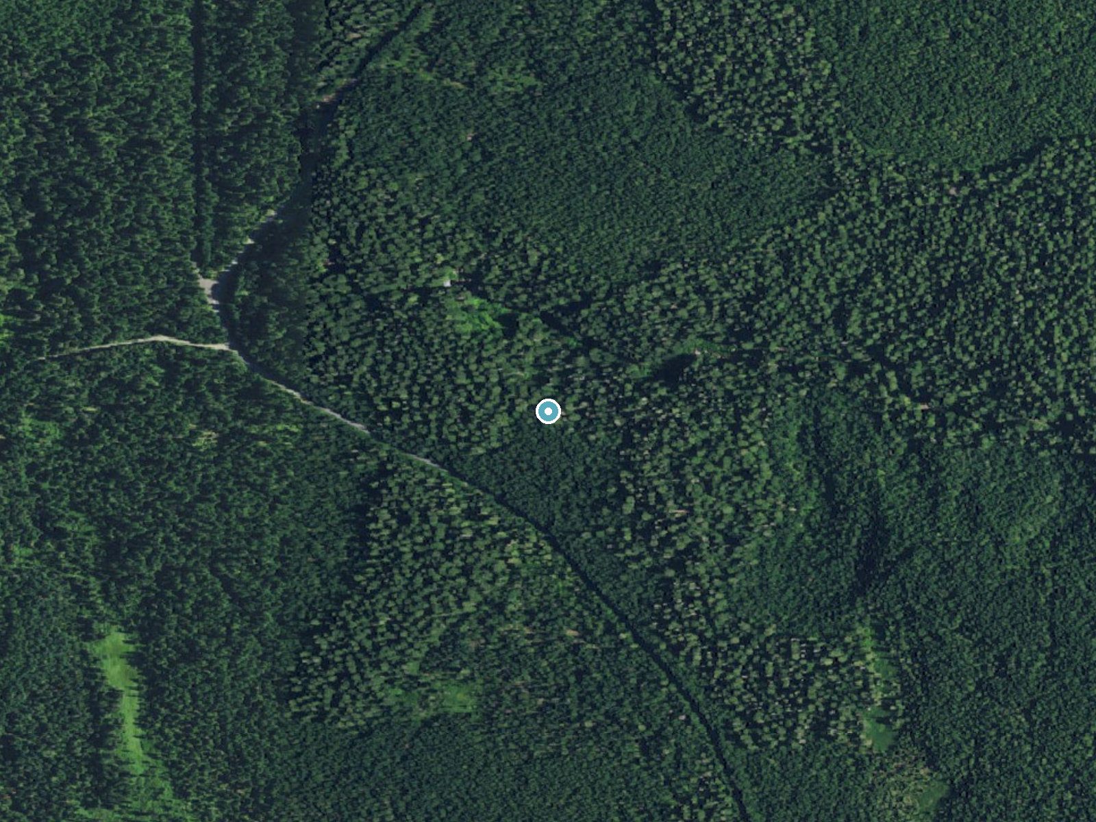 Aerial photo of the same ground around Langfield Falls near Trout Lake, Washington, for comparison with the lidar view