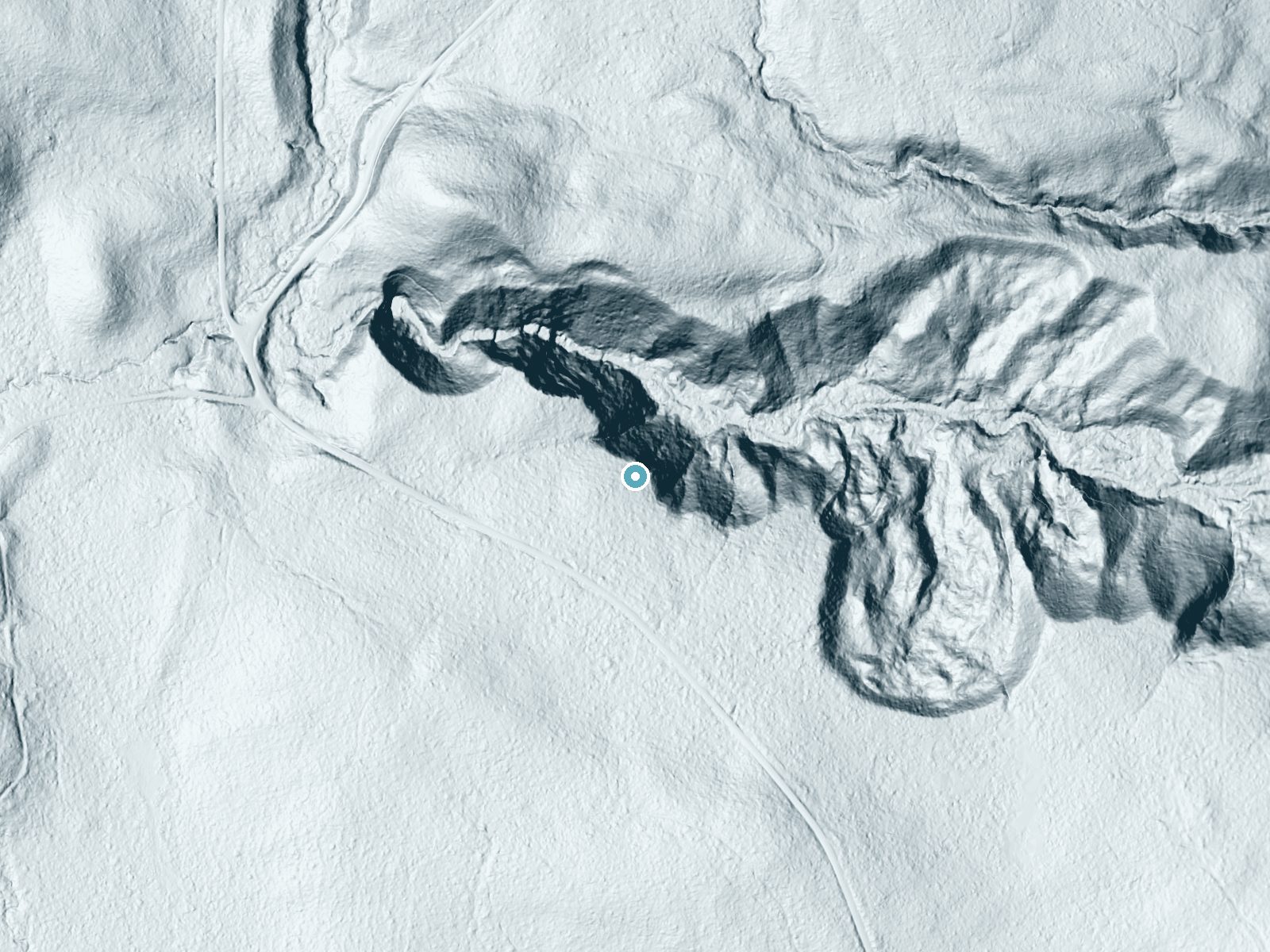 LiDAR bare-earth terrain around Langfield Falls near Trout Lake, Washington, showing about 205 feet of drop, a steep tiered drop, facing northeast