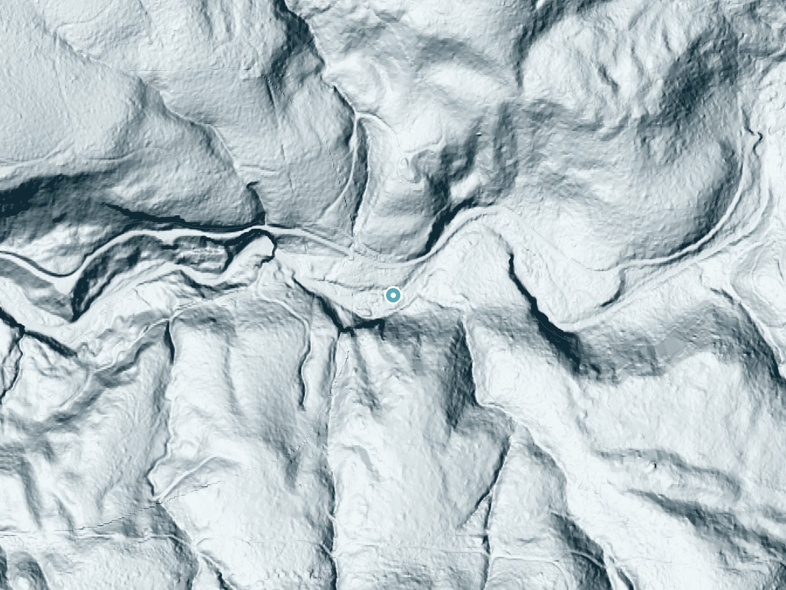 LiDAR bare-earth terrain around Beaver Falls near Clatskanie, Oregon, showing about 103 feet of drop, a steep tiered drop, facing north