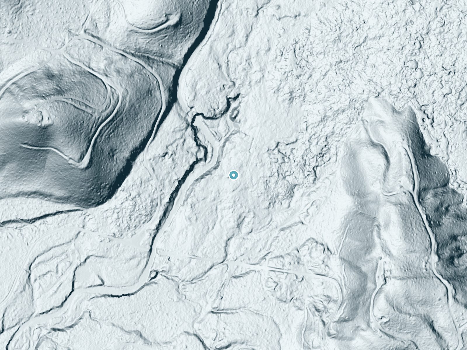 LiDAR bare-earth terrain around Kalama Falls near Cougar, Washington, showing about 54 feet of drop, a long cascade, facing southwest