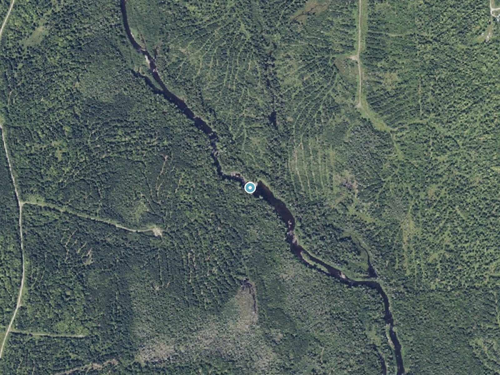 Aerial photo of the same ground around Stair Falls near Island Falls, Maine, for comparison with the lidar view