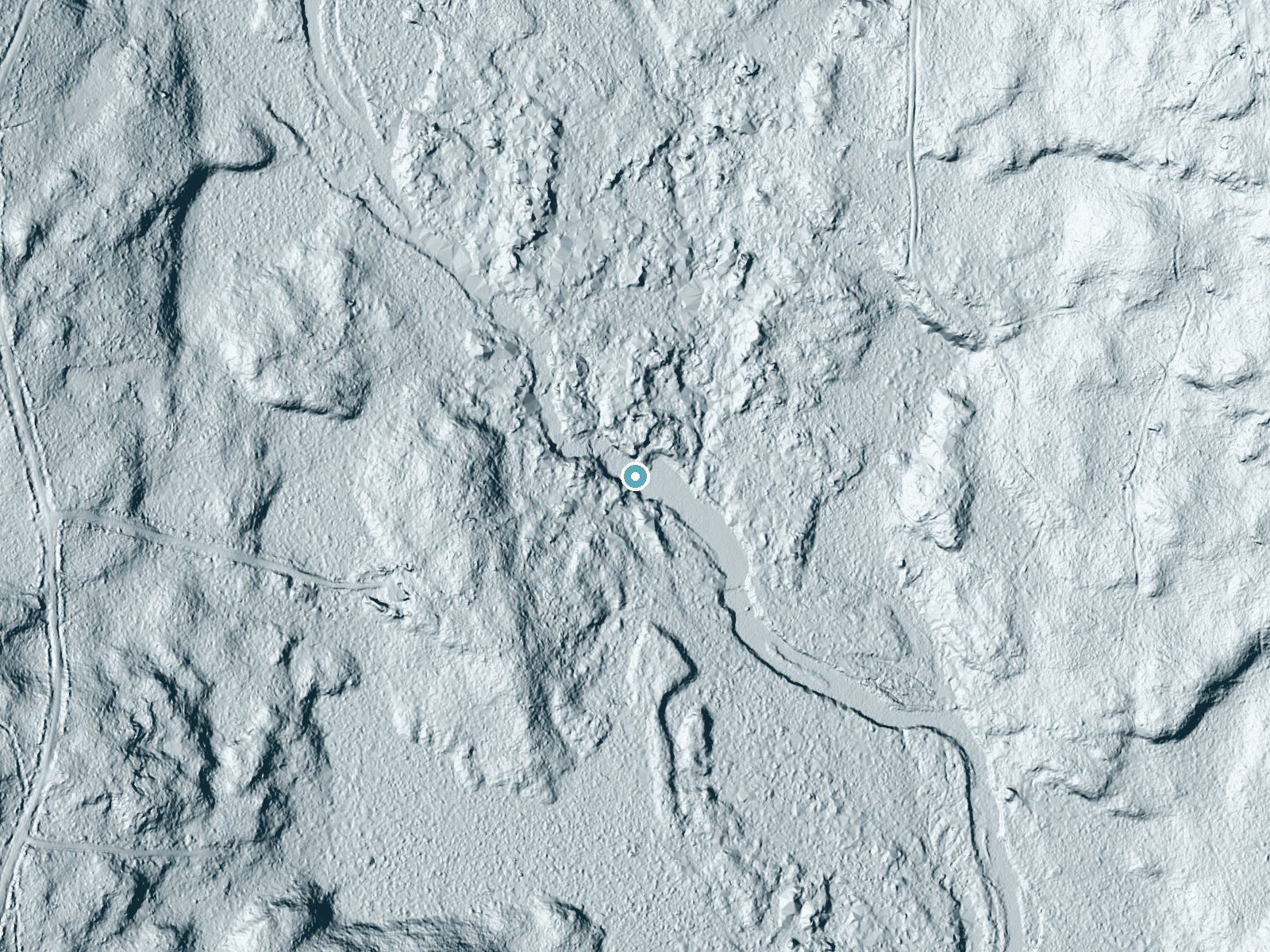 LiDAR bare-earth terrain around Stair Falls near Island Falls, Maine, showing about 19 feet of drop, a long cascade, facing east