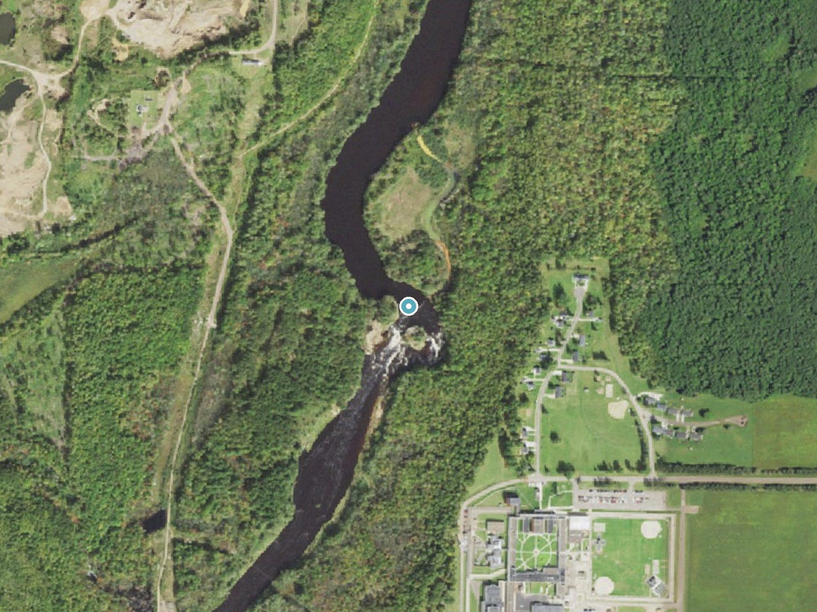 Aerial photo of the same ground around Big Spring Falls near Sandstone, Minnesota, for comparison with the lidar view