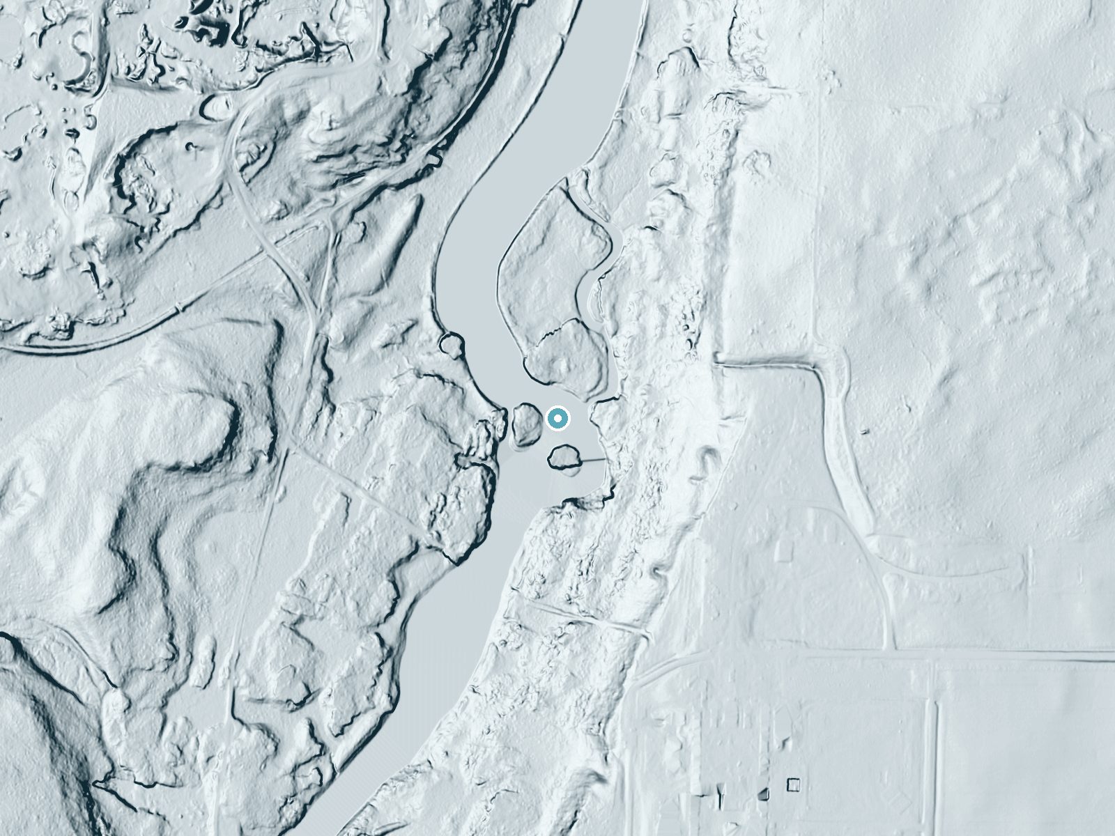 LiDAR bare-earth terrain around Big Spring Falls near Sandstone, Minnesota, showing about 27 feet of drop, a long cascade, facing southwest