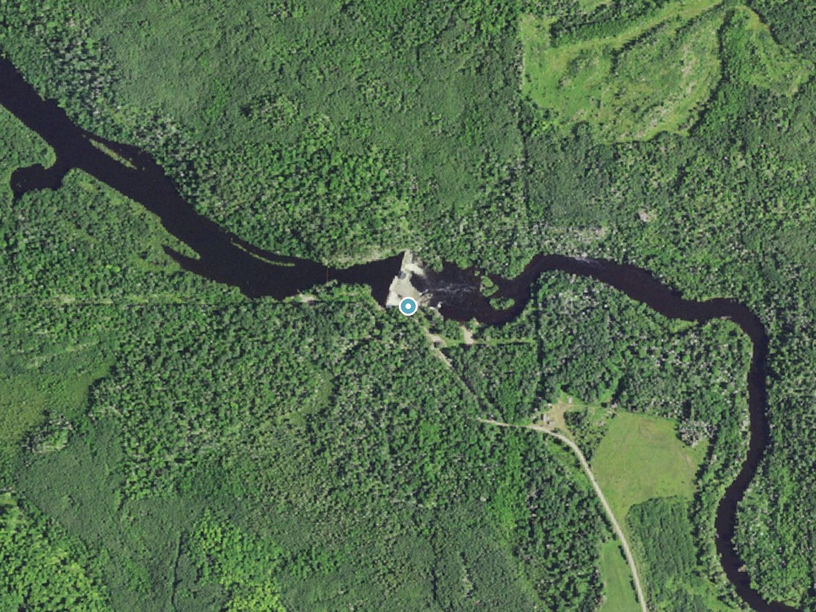 Aerial photo of the same ground around Michigamme Falls (historical) near Crystal Falls, Michigan, for comparison with the lidar view