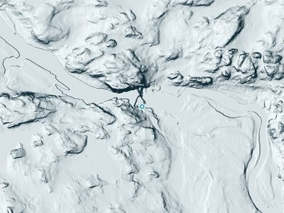 LiDAR terrain view around Michigamme Falls (historical) in Michigan, about 85 feet of drop