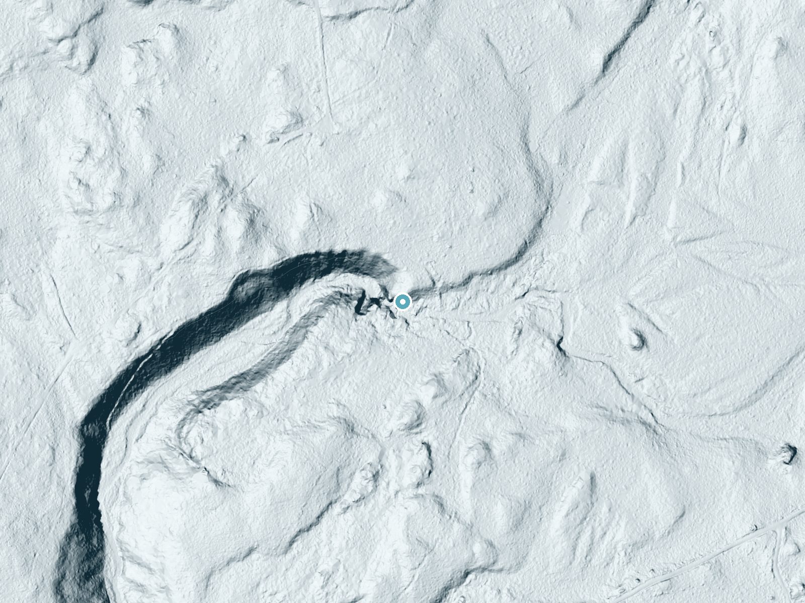 LiDAR bare-earth terrain around Shin Falls near Patten, Maine, showing about 99 feet of drop, a steep tiered drop, facing west