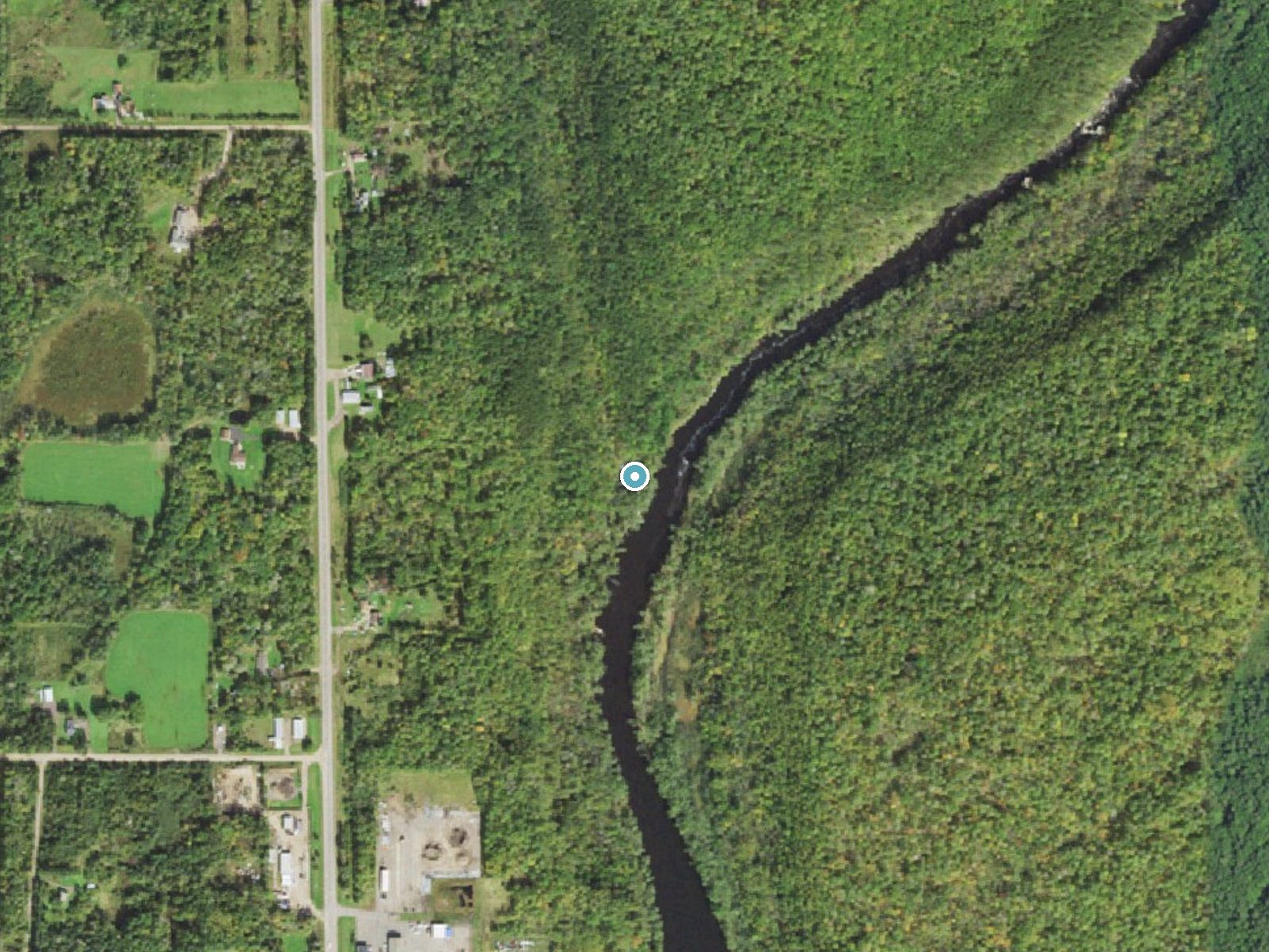 Aerial photo of the same ground around Wolf Creek Falls near Sandstone, Minnesota, for comparison with the lidar view