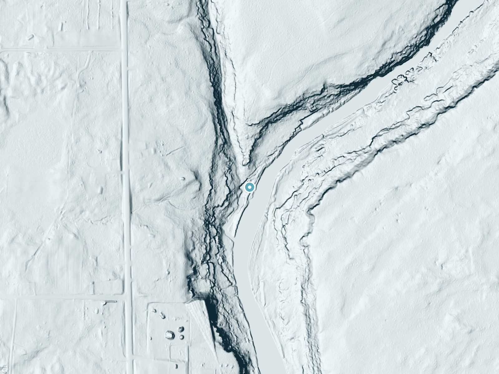 LiDAR bare-earth terrain around Wolf Creek Falls near Sandstone, Minnesota, showing about 53 feet of drop, a long cascade, facing southeast