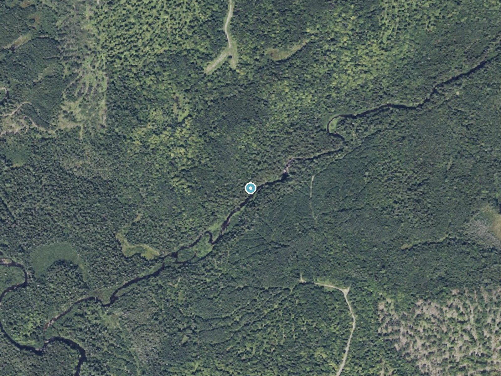 Aerial photo of the same ground around Lower Falls near Island Falls, Maine, for comparison with the lidar view
