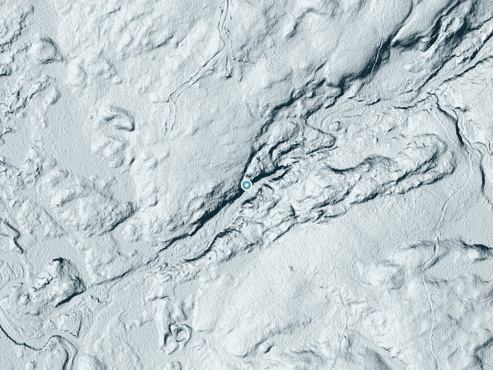 LiDAR bare-earth terrain around Lower Falls near Island Falls, Maine, showing about 59 feet of drop, a long cascade, facing southeast