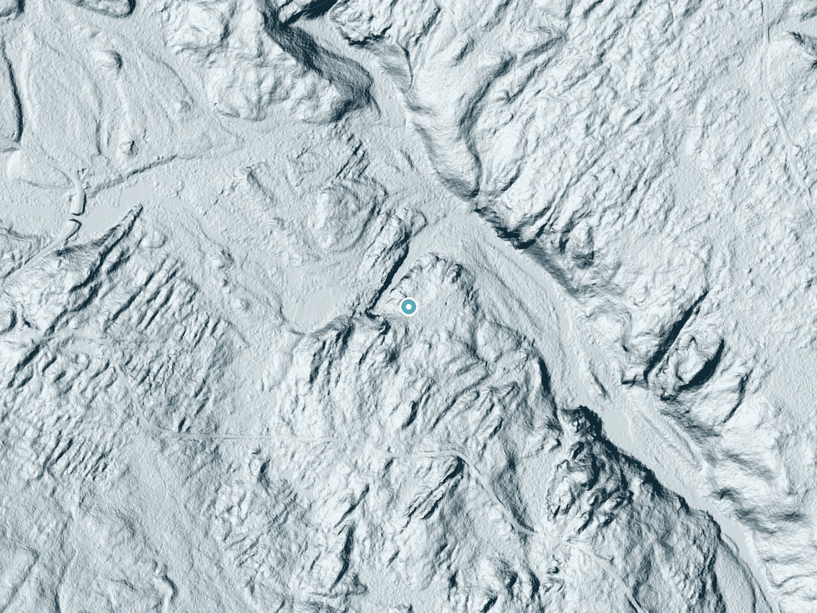LiDAR bare-earth terrain around Sawtelle Falls near Patten, Maine, showing about 48 feet of drop, a long cascade, facing north