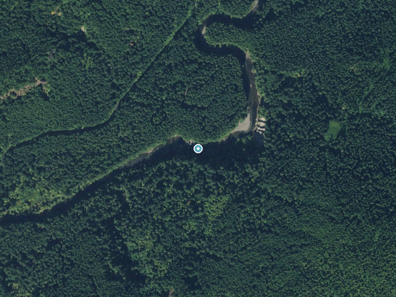 Aerial photo of the same ground around Lower Falls near Trout Lake, Washington, for comparison with the lidar view