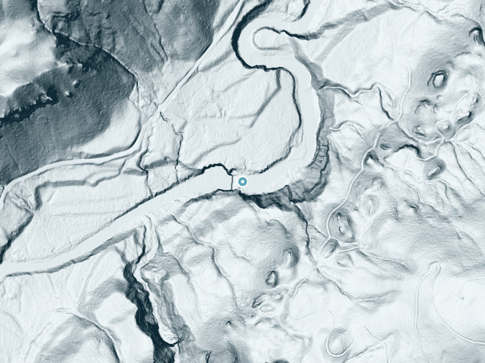 LiDAR bare-earth terrain around Lower Falls near Trout Lake, Washington, showing about 184 feet of drop, a single sheer drop, facing northwest