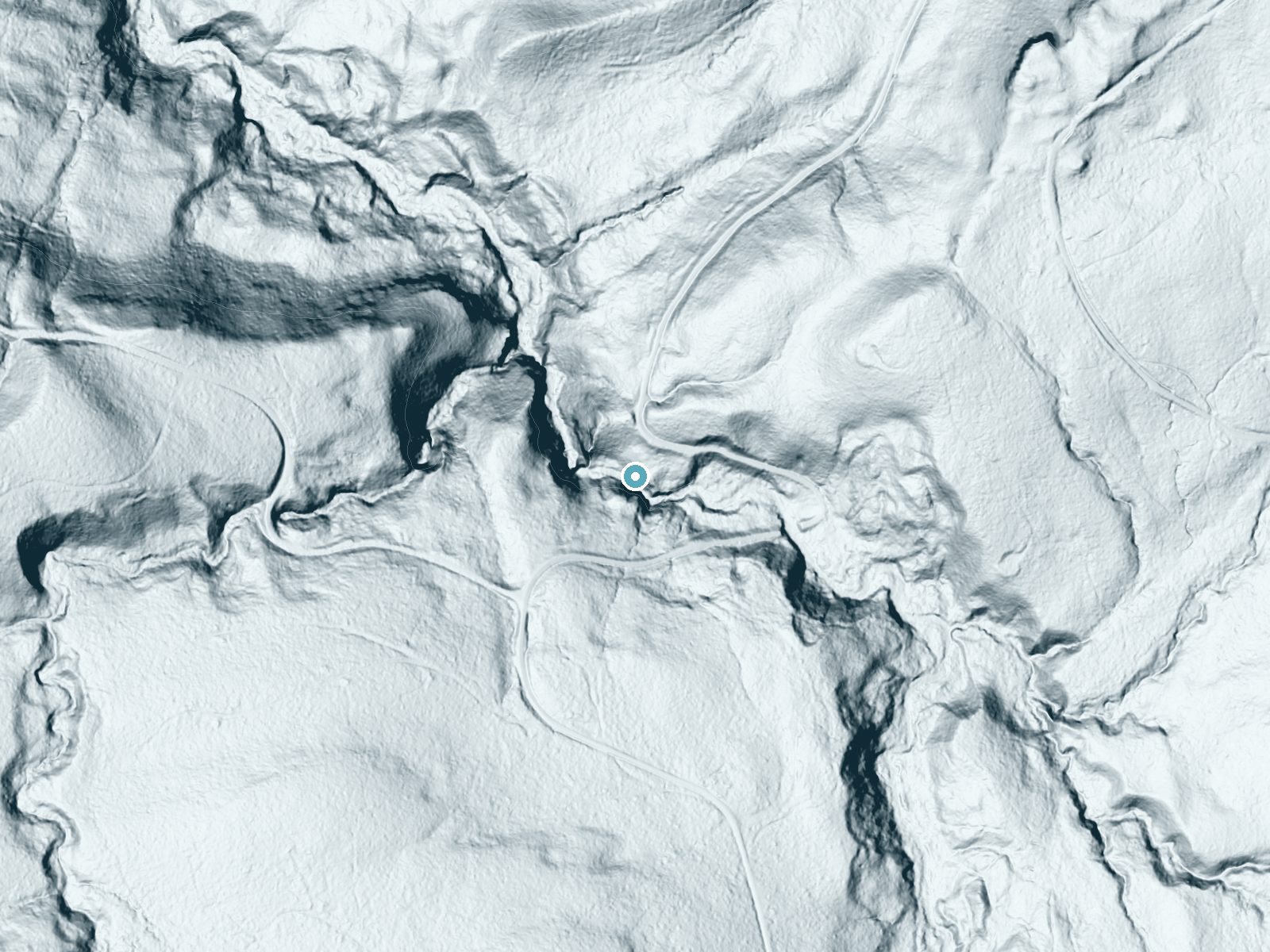 LiDAR bare-earth terrain around Little Niagara Falls near Trout Lake, Washington, showing about 173 feet of drop, a steep tiered drop, facing west