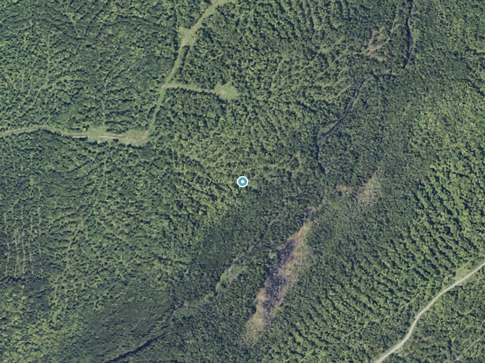 Aerial photo of the same ground around Upper Falls near Island Falls, Maine, for comparison with the lidar view