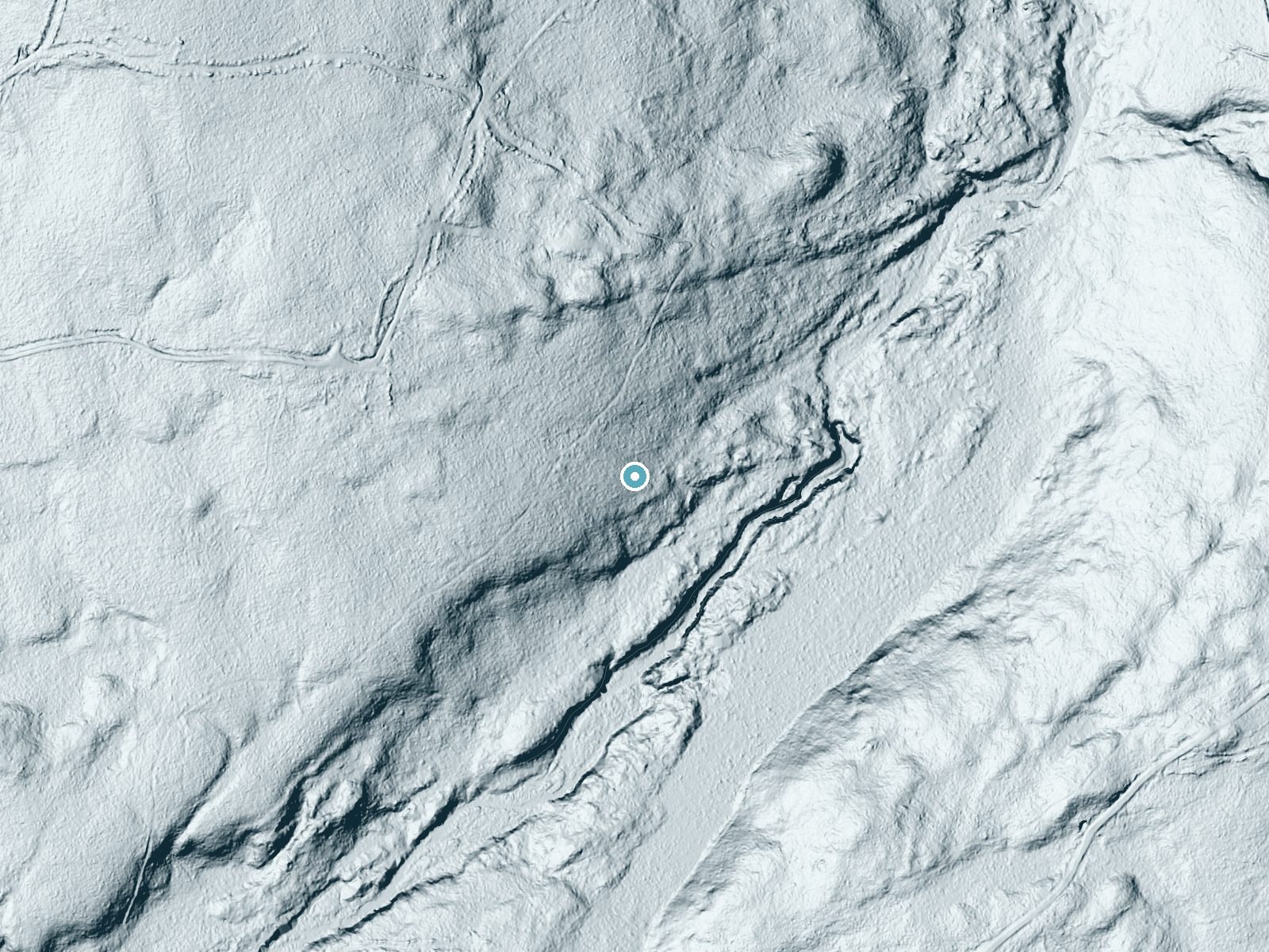 LiDAR bare-earth terrain around Upper Falls near Island Falls, Maine, showing about 69 feet of drop, a long cascade, facing southeast