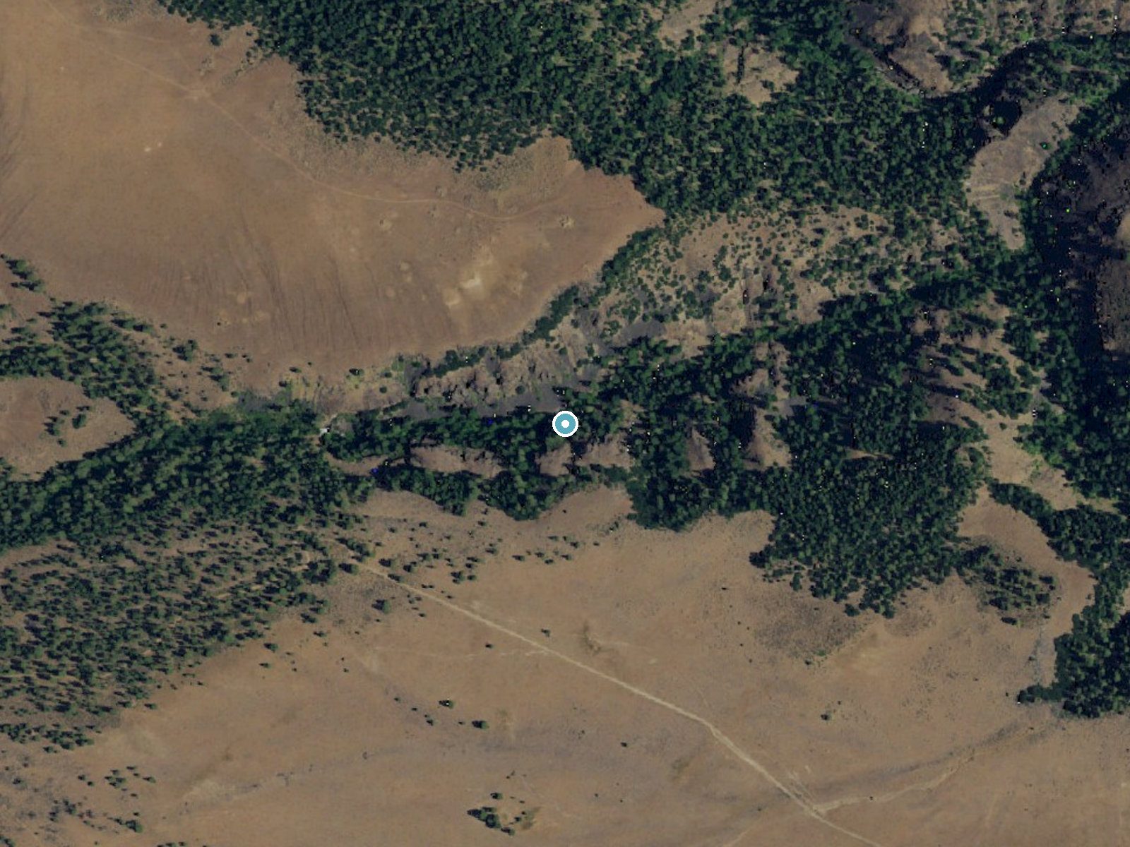 Aerial view of the ground around Dry Creek Falls near White Swan, Washington