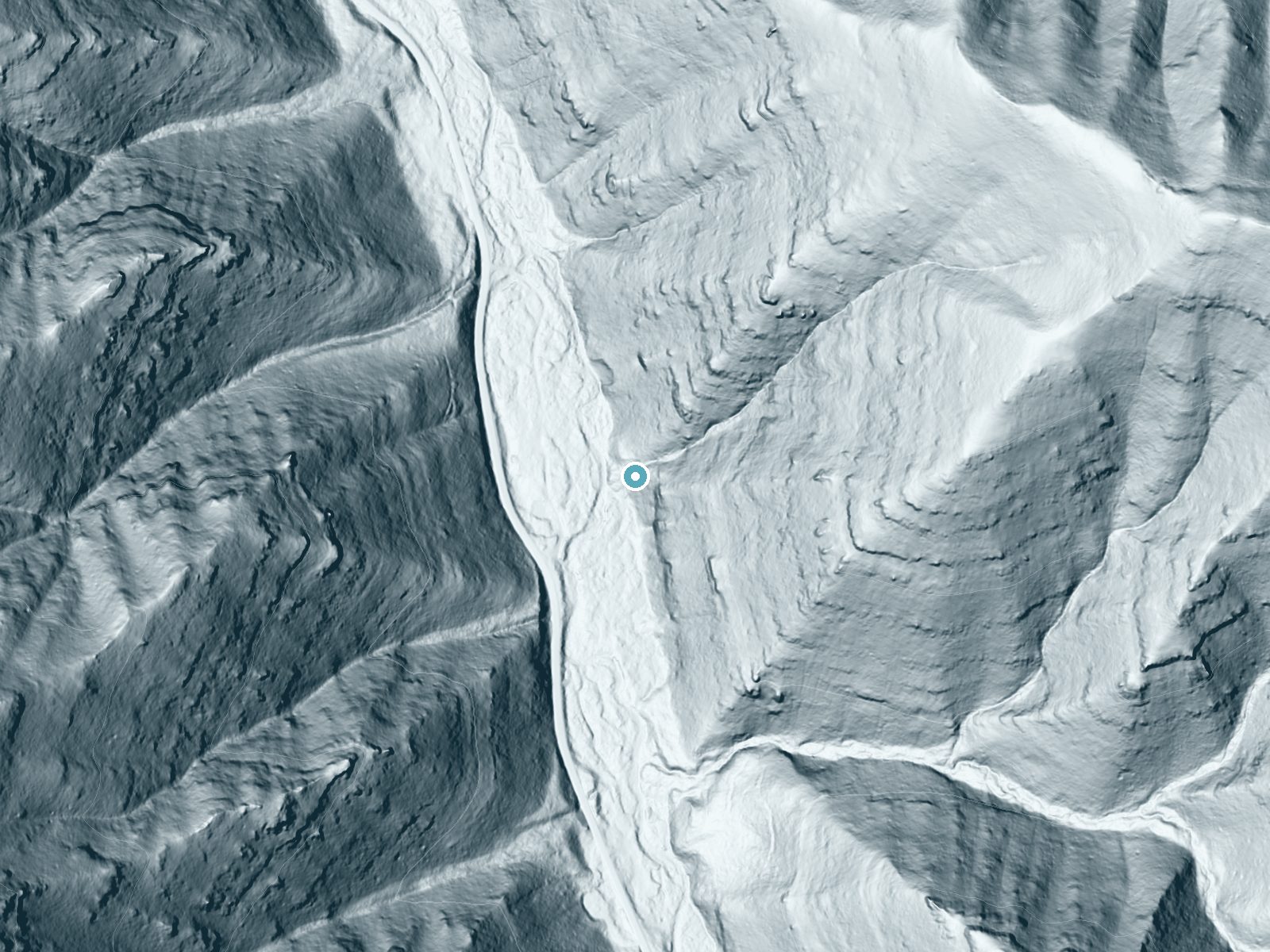 LiDAR bare-earth terrain around Hompegg Falls near Dayton, Washington, showing about 223 feet of drop, a steep tiered drop, facing west