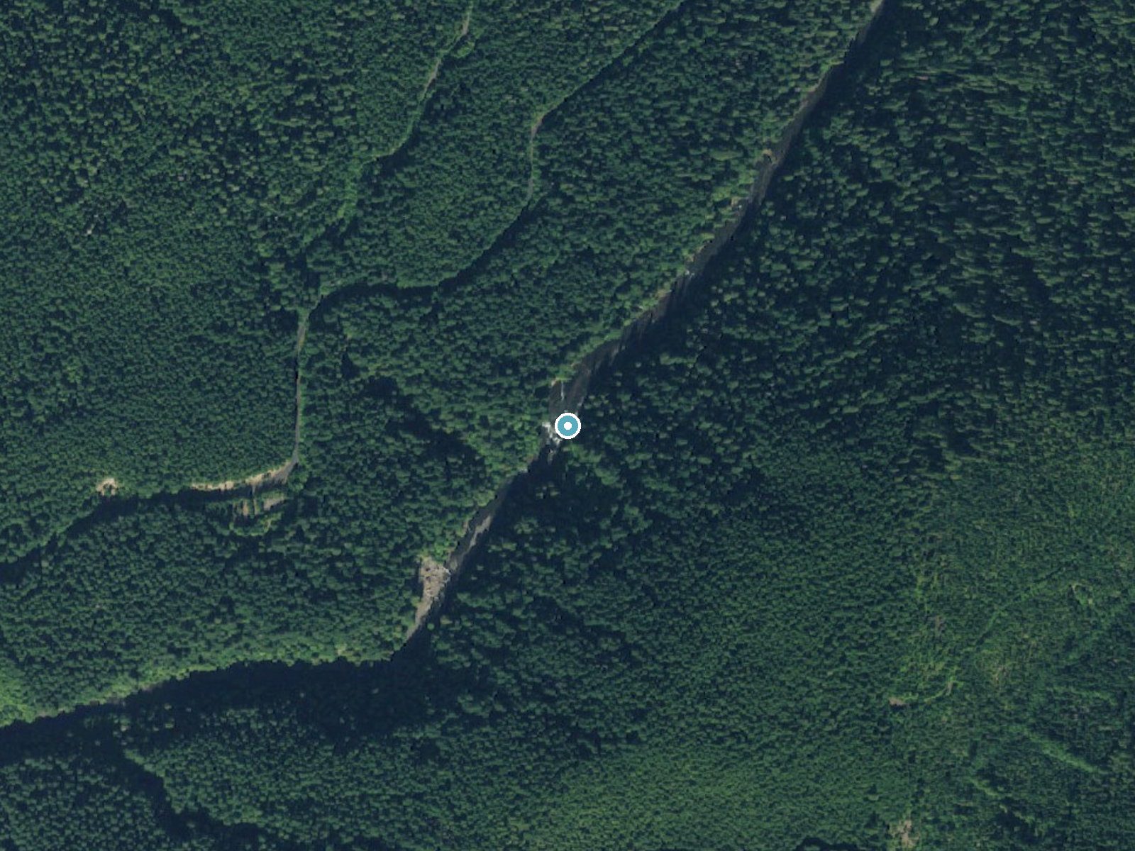 Aerial photo of the same ground around Middle Falls near Trout Lake, Washington, for comparison with the lidar view