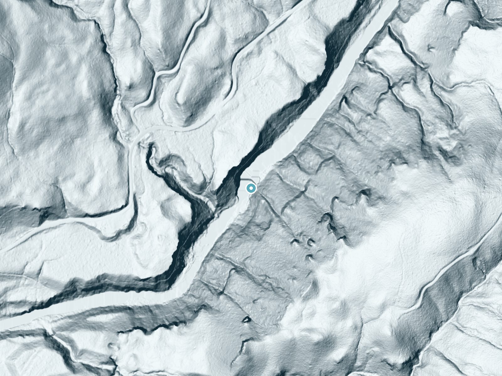 LiDAR bare-earth terrain around Middle Falls near Trout Lake, Washington, showing about 209 feet of drop, a steep tiered drop, facing west