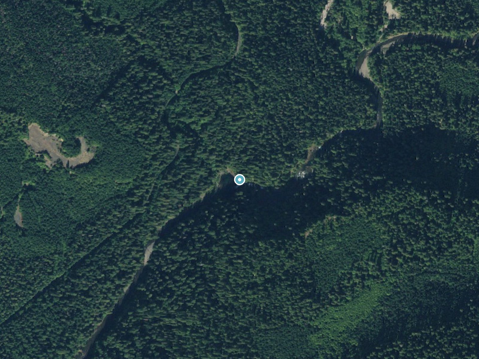 Aerial photo of the same ground around Upper Falls near Trout Lake, Washington, for comparison with the lidar view